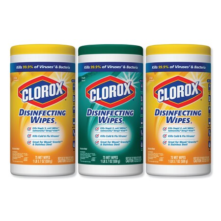 Clorox Wipes, White, Canister, Non-Woven Fiber, Fresh Scent/Citrus Blend, 7" W. x CLO 30208